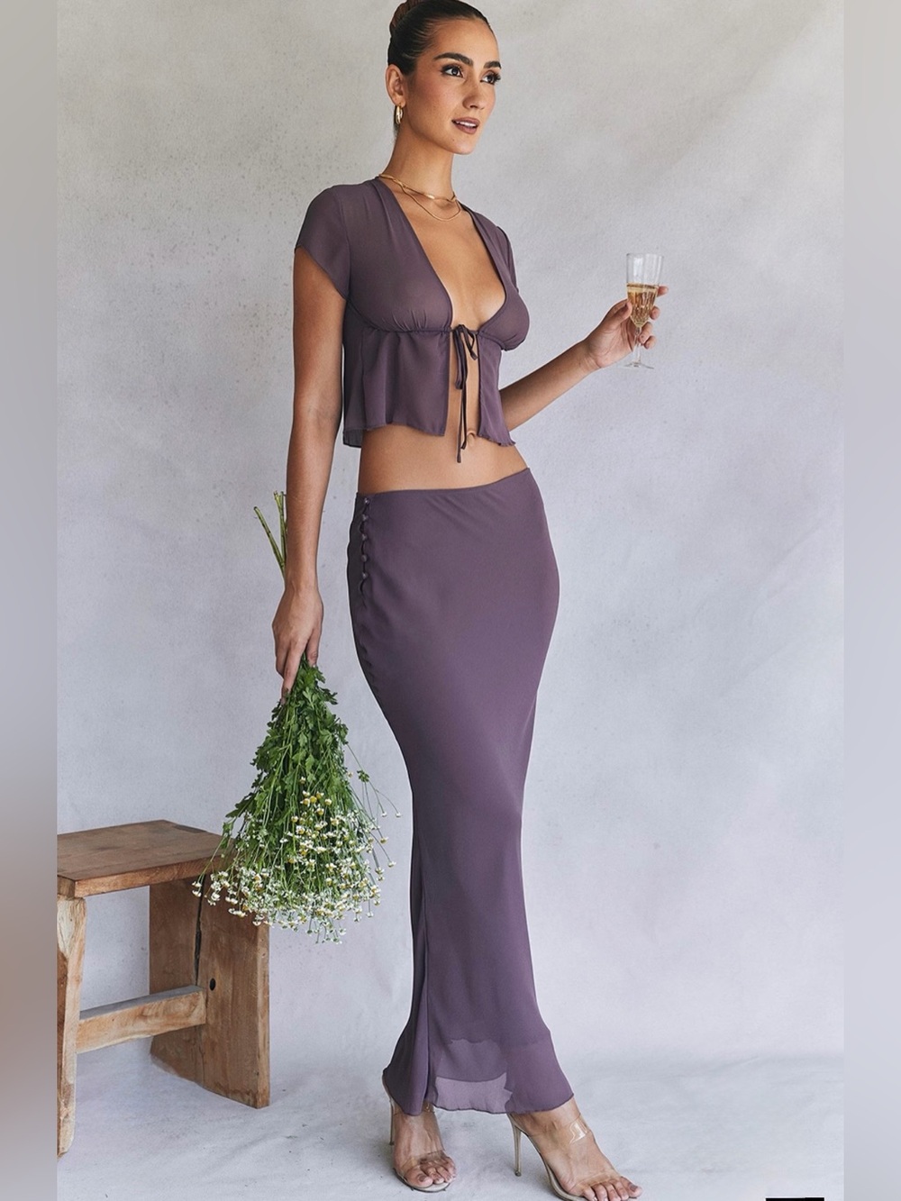 2 pieces MAIA Dark Mauve Tie Front Top + DYANA Dark Mauve Bias Cut Maxi Skirt